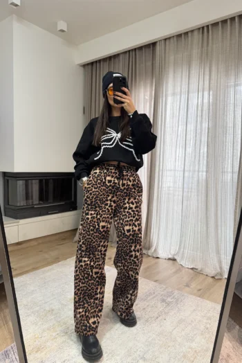 Animal Print Παντελόνι Φόρμας σε Ίσια Γραμμή με Φλις Επένδυση