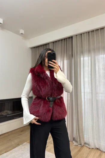 Γιλέκο από Συνθετική Γούνα με Ζώνη - Μπορντό