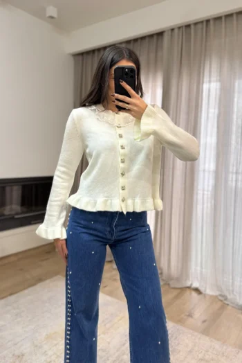 Πλεκτή Ζακέτα με Βολάν, Δαντέλα κ Ασημί Κουμπιά - Λευκό