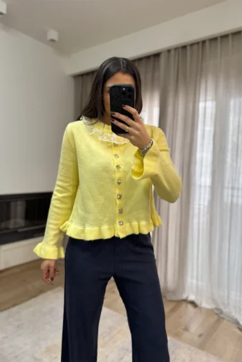 Πλεκτή Ζακέτα με Βολάν, Δαντέλα κ Ασημί Κουμπιά - Κίτρινο