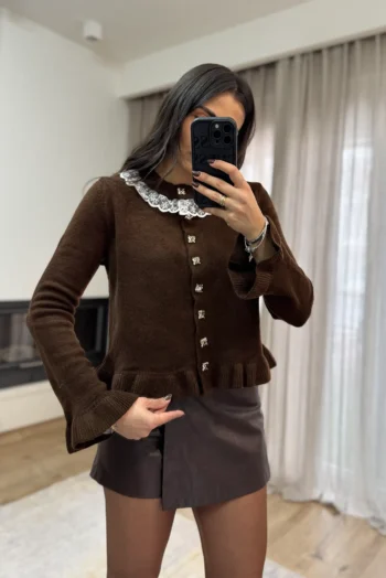 Πλεκτή Ζακέτα με Βολάν, Δαντέλα κ Ασημί Κουμπιά - Καφέ