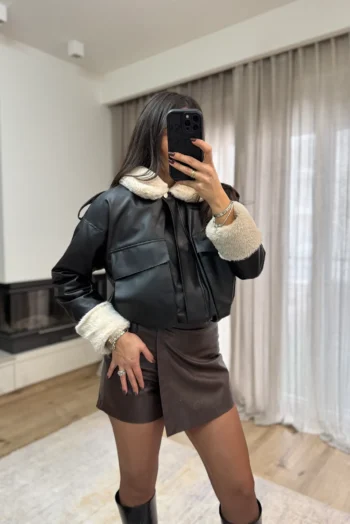 Μπουφάν Δερματίνη με Γούνινη Επένδυση - Μαύρο