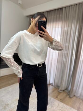 Μπλούζα με Μανίκι από Δαντέλα - Λευκό