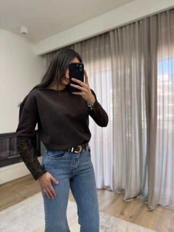 Μπλούζα με Μανίκι από Δαντέλα - Καφέ