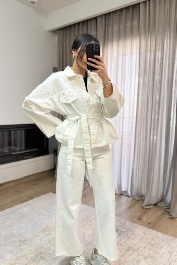 Denim Σετ Πουκάμισο με Ζώνη κ Παντελόνι - Λευκό