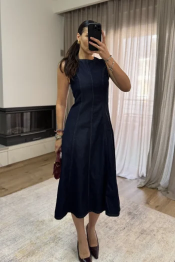 Denim Midi Φόρεμα - Σκούρο Μπλε