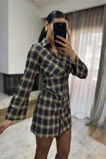 Καρό Φόρεμα - Καφέ