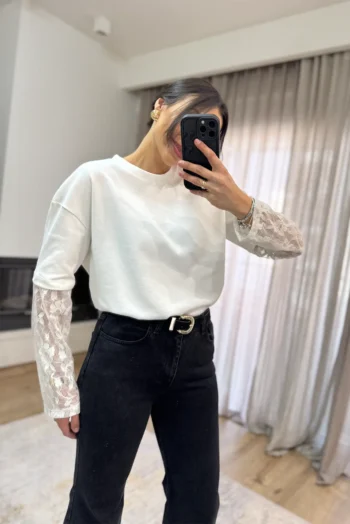 Μπλούζα με Μανίκι από Δαντέλα - Λευκό