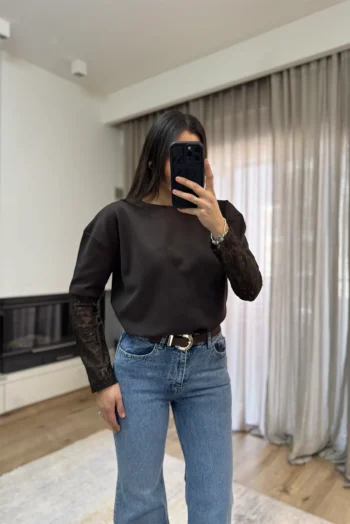 Μπλούζα με Μανίκι από Δαντέλα - Καφέ