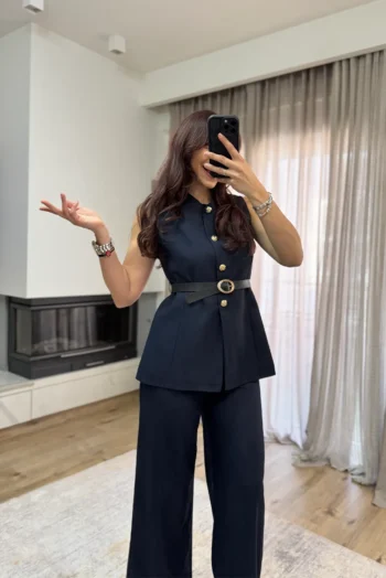 EmmaLine Σετ Γιλέκο με Ζώνη κ Παντελόνι - Σκούρο Μπλέ