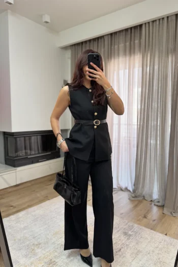 EmmaLine Σετ Γιλέκο με Ζώνη κ Παντελόνι - Μαύρο