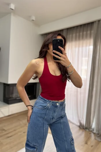 Halter Μπλούζα με Στρόγγυλη Λαιμόκοψη -Κόκκινο