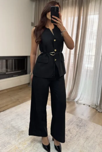 LyNa Σετ Γιλέκο με Ζώνη κ Παντελόνι με Λάστιχο - Μαύρο