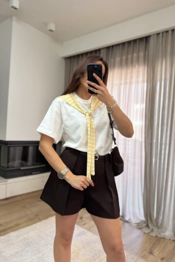 T-Shirt με Ριγέ Ενσωματωμένη Φουλάρι - Λευκό κ Κίτρινο