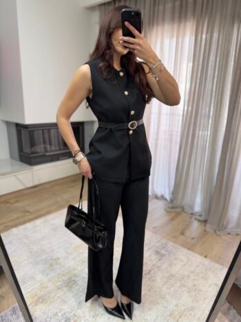 EmmaLine Σετ Γιλέκο με Ζώνη κ Παντελόνι - Μαύρο
