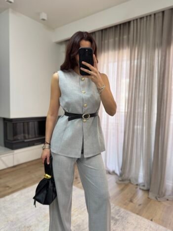 EmmaLine Σετ Γιλέκο με Ζώνη κ Παντελόνι - Γκρι