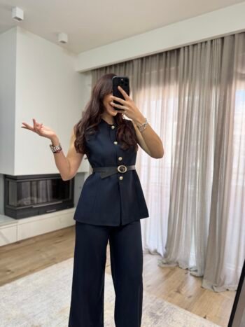 EmmaLine Σετ Γιλέκο με Ζώνη κ Παντελόνι - Σκούρο Μπλέ