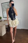 Corset Polka Dot Mini Φόρεμα από Συνδυασμό Υφασμάτων