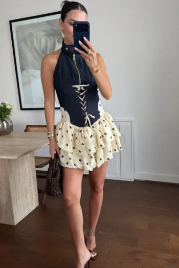 Corset Polka Dot Mini Φόρεμα από Συνδυασμό Υφασμάτων